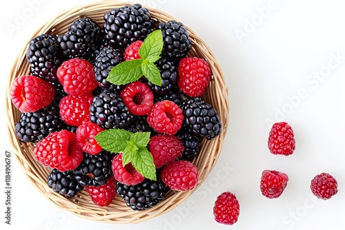 Bowl of fresh blackberries and raspberries with green mint leaves, top view on white background, minimalistic berry composition with copy space, healthy summer fruits concept

