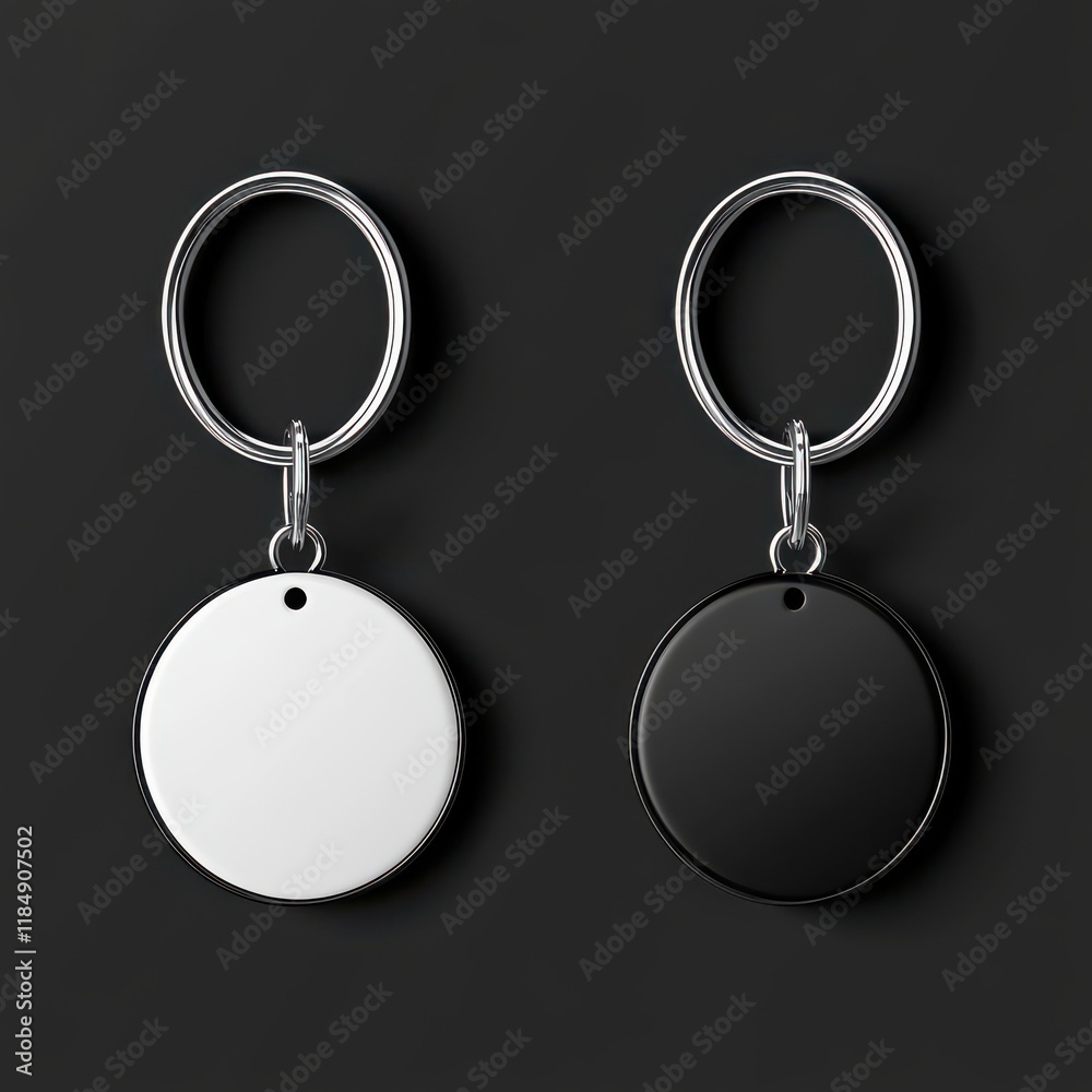 Minimalistic keychains featuring sleek black and white circular designs against a dark background. Minimalistic keychains featuring sleek black and white circular designs against a dark background.