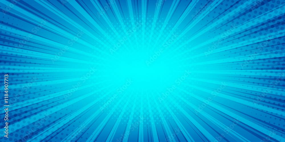 Fototapeta premium Blue comic radial background with dots and rays. Abstract gradient with dotted halftone effects and dynamic light beams. Perfect for banners, posters, dynamic design projects