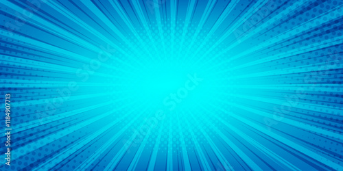 Blue comic radial background with dots and rays. Abstract gradient with dotted halftone effects and dynamic light beams. Perfect for banners, posters, dynamic design projects