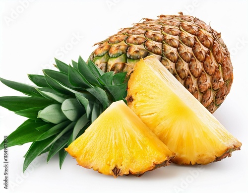 whole pineapple and pineapple slice pineapple with leaves isolate on white full depth of field photo