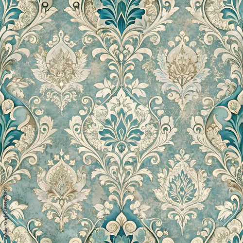 Elegant damask pattern in teal and cream. distressed vintage style.