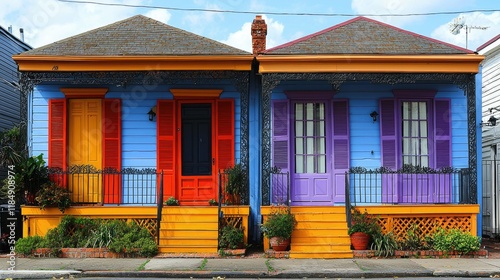 Colorful New Orleans Shotgun Houses with Vibrant Doors