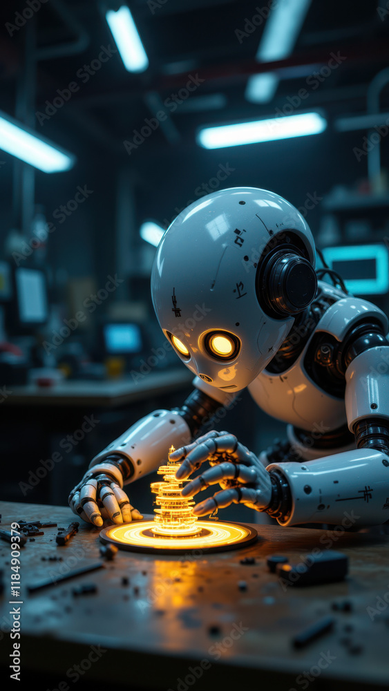 Fototapeta premium A humanoid robot with glowing eyes examining its own disassembled components on a workbench, set in an industrial workshop environment.