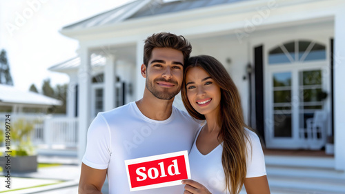 Young couple smiling with sold sign outside their purchased house. Happy couple holding sold sign in front of their new home.