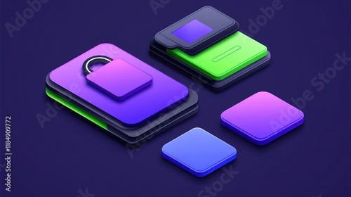 Abstract 3D icons representing digital security and data protection.  Layered, colorful, geometric shapes arranged on a dark background.  Icons depict a combination of lock, file folders, and data sto photo