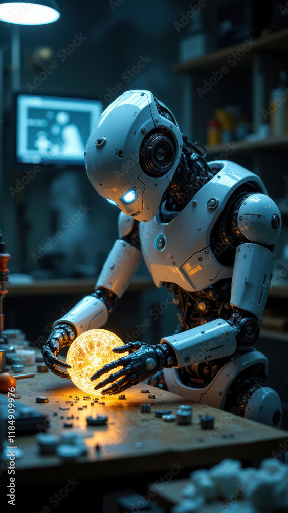 Fototapeta premium A robot with human-like features inspecting an object closely.