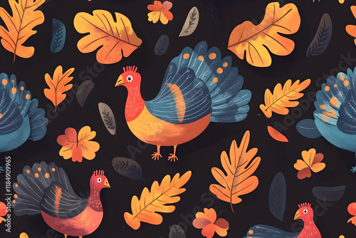 Seamless pattern with colorful turkeys and autumn leaves, perfect for seasonal designs photo