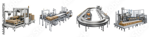 Automated packaging line filling isolated on transparent background, Set of