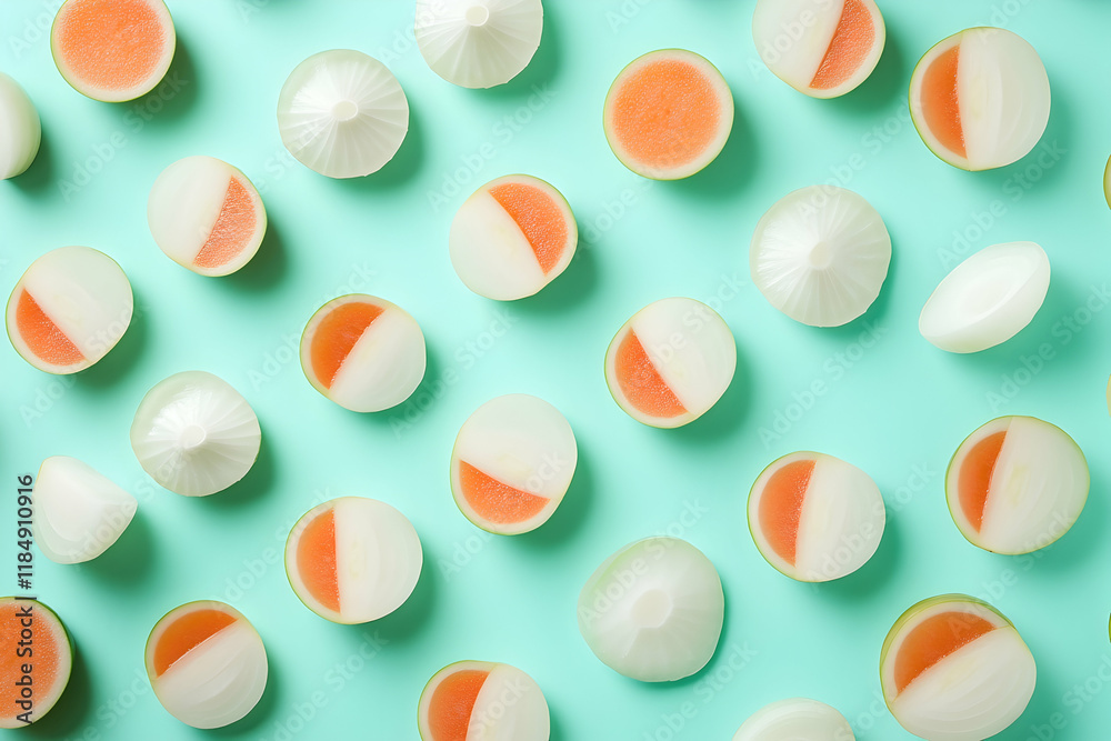 Onion slices and whole on a bright pastel color background, forming a fun and playful pattern Onion slices and whole on a bright pastel color background, forming a fun and playful pattern