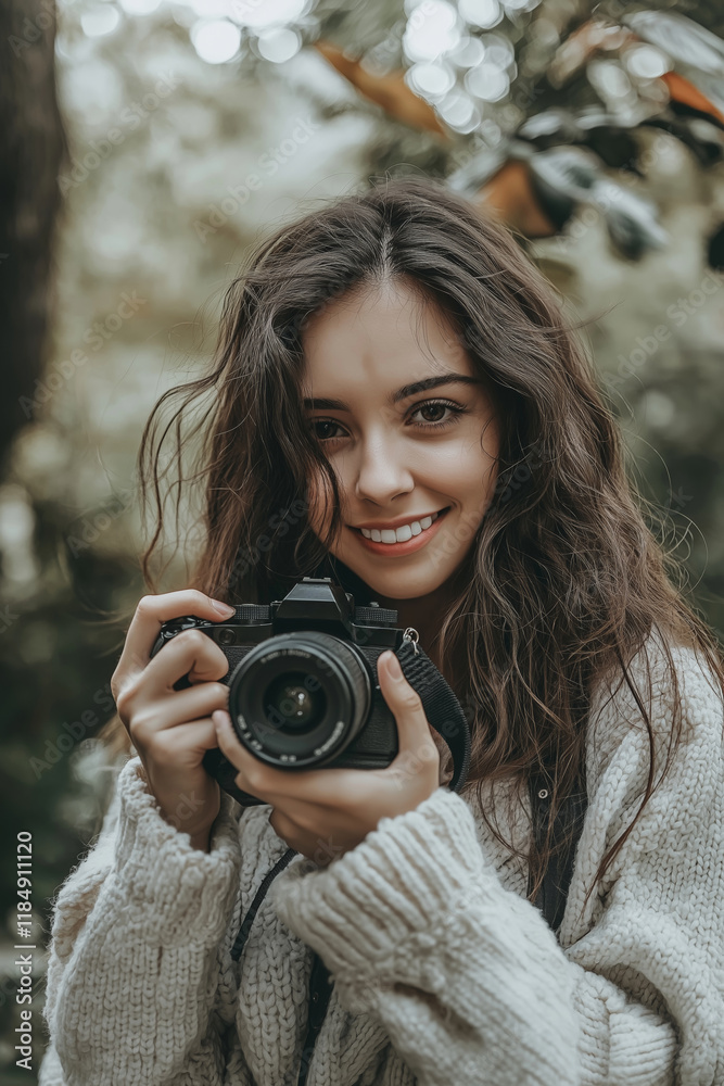 A young woman smiles while holding a camera, ready to capture nature's beauty in a lush green environment. A young woman smiles while holding a camera, ready to capture nature's beauty in a lush green environment.