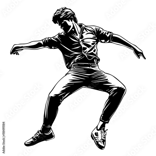 Silhouette of a young Asian man freestyle dancing at a wedding, wearing a stylish modern outfit like a graphic T-shirt, skinny jeans, and sneakers, full-body view from head to toe, solid black
