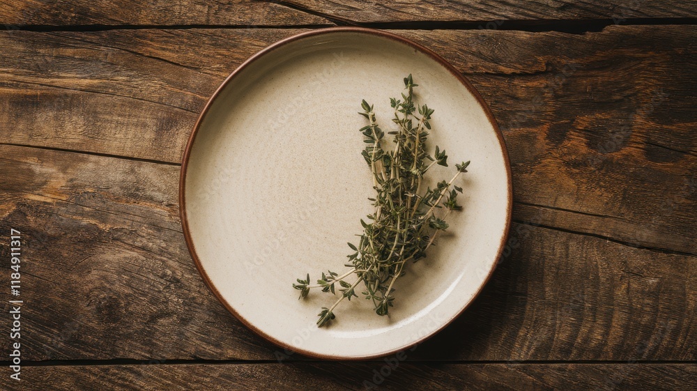 A simple, rustic setup featuring fresh thyme atop a beige plate, set against a textured wooden background, evoking a natural and organic feel. A simple, rustic setup featuring fresh thyme atop a beige plate, set against a textured wooden background, evoking a natural and organic feel.