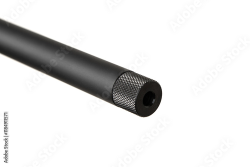 Close-up of the black, threaded barrel end of a small-caliber sporting rifle, isolated on a white background