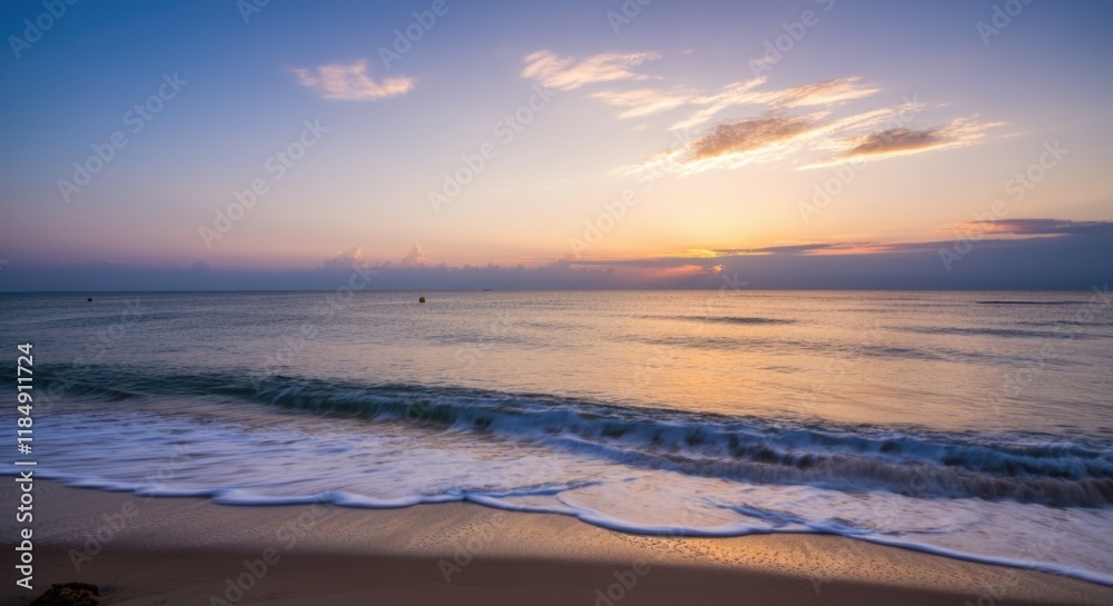 Tranquil sunset over calm ocean waves on sandy beach Tranquil sunset over calm ocean waves on sandy beach
