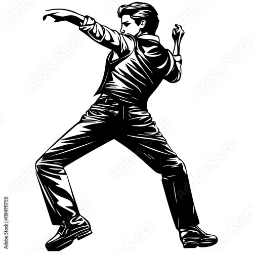Silhouette of a young Asian man freestyle dancing at a wedding, wearing a stylish modern outfit like a graphic T-shirt, skinny jeans, and sneakers, full-body view from head to toe, solid black