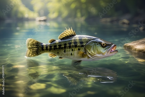 A majestic largemouth bass gliding through the crystal clear waters of a serene lake, its scales shimmering in the sunlight.