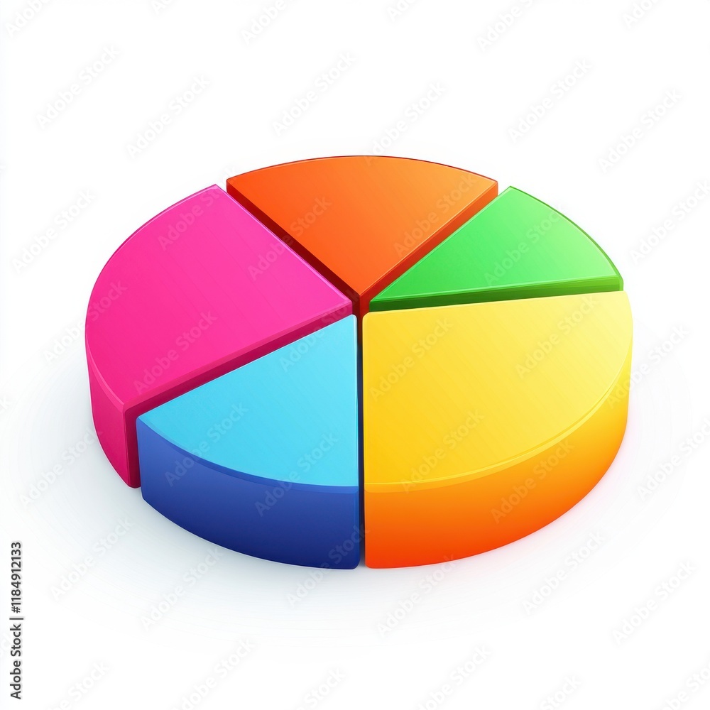 Colorful pie chart representing data segments in shades of pink, blue, orange, green, and yellow. Colorful pie chart representing data segments in shades of pink, blue, orange, green, and yellow.