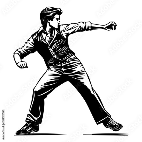 Silhouette of a young Asian man freestyle dancing at a wedding, wearing a stylish modern outfit like a graphic T-shirt, skinny jeans, and sneakers, full-body view from head to toe, solid black