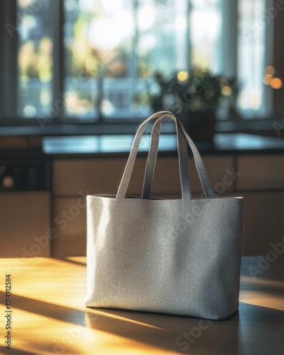 Wallpaper Mural Stylish light gray tote bag illuminated by soft sunlight in a cozy kitchen setting. Torontodigital.ca