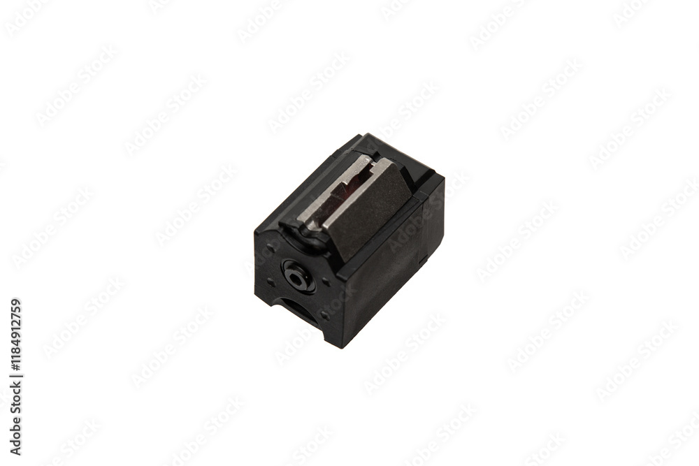 A black magazine for a small-caliber rifle with a red follower, isolated on a white background A black magazine for a small-caliber rifle with a red follower, isolated on a white background