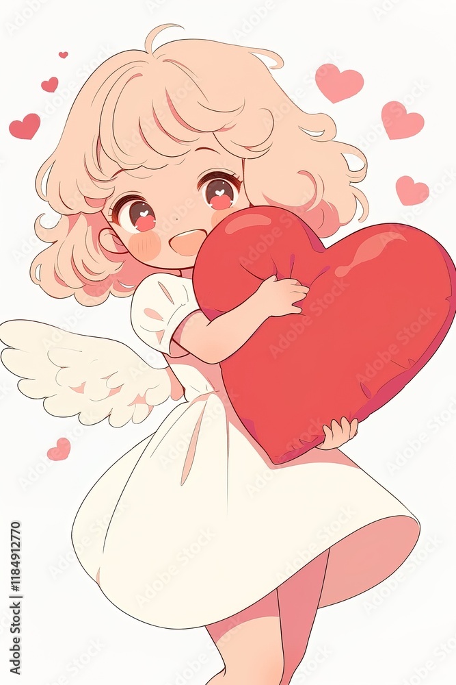 beautiful smiling chibi kawaii love angel girl with wings holding big red heart on white background in anime style beautiful smiling chibi kawaii love angel girl with wings holding big red heart on white background in anime style