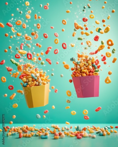 Colorful cereal spilling from yellow and pink cups, creating a vibrant and playful scene.