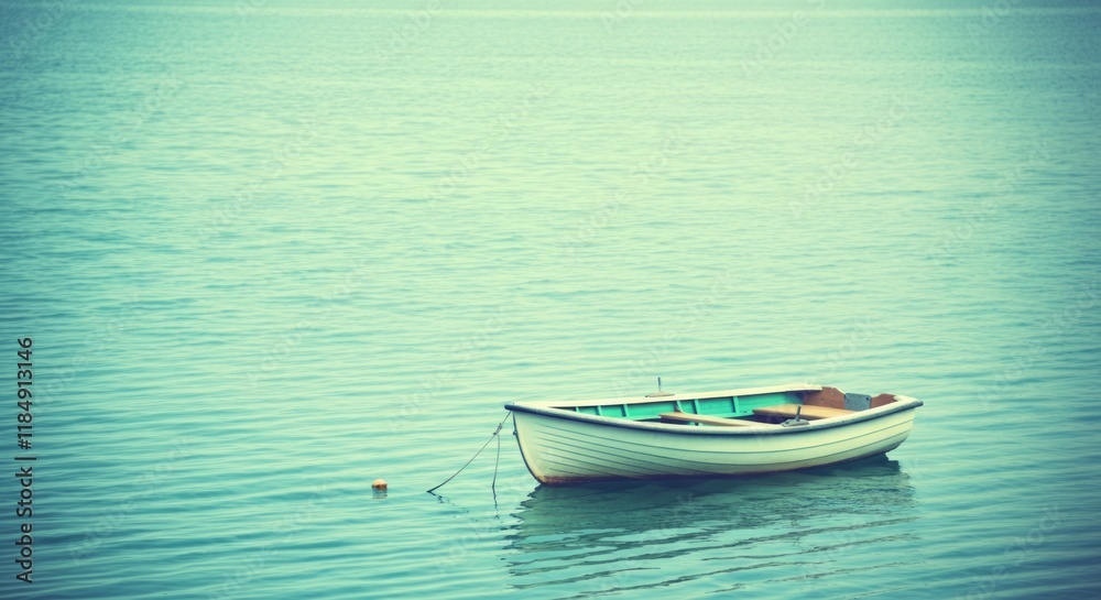 Tranquil seascape with lone rowboat on calm waters Tranquil seascape with lone rowboat on calm waters