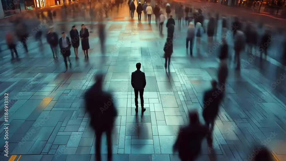 Man stands still in the middle of a crowded street while people walk past him in a timelapse effect. Concept of isolation and feeling lonely in the chaos of city life.