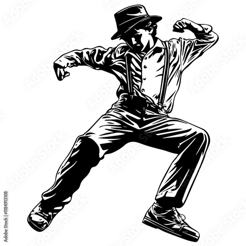 Silhouette of a young boy breakdancing, wearing casual slacks, suspenders, and a flat cap, full-body view, solid black silhouette on a pure white background