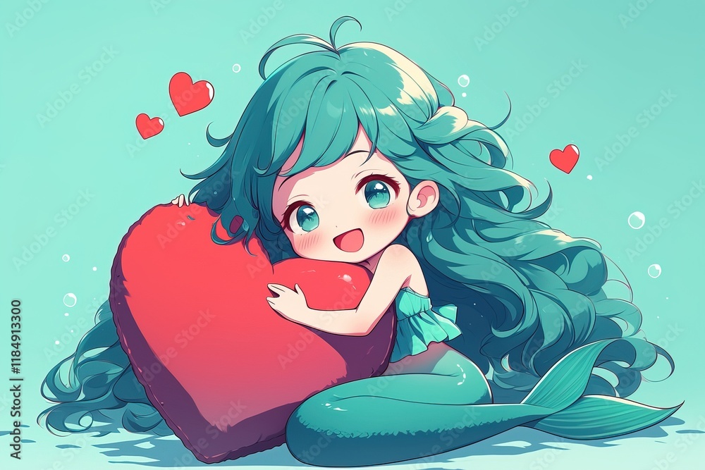 cute happy smiling chibi anime girl mermaid with long blue hair and fish tail holding big red hair romantic valentines day card cute happy smiling chibi anime girl mermaid with long blue hair and fish tail holding big red hair romantic valentines day card