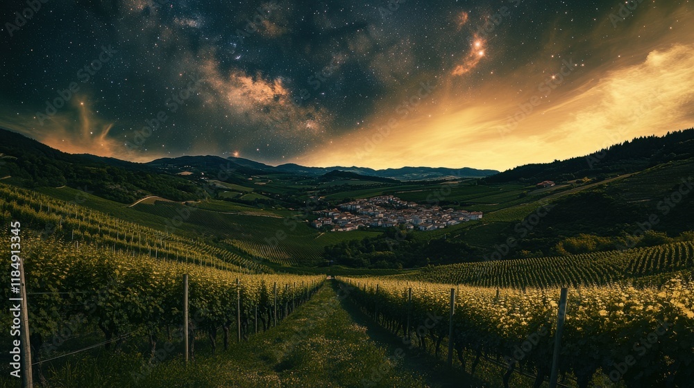 Naklejka premium A serene vineyard landscape under a starry sky, showcasing lush grapevines and a tranquil village setting.