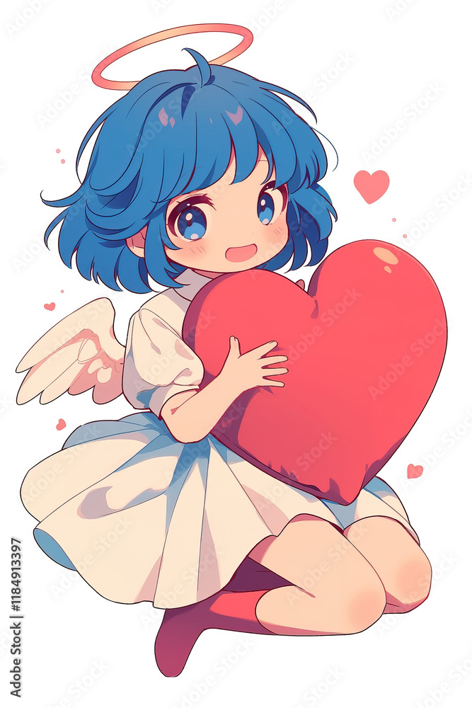 adorable anime chibi love angel girl with blue hair, wings and nimbus holding large pink heart on white background adorable anime chibi love angel girl with blue hair, wings and nimbus holding large pink heart on white background