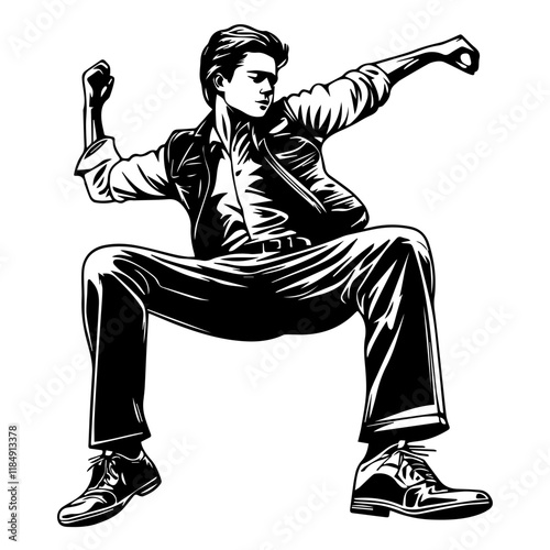 Silhouette of a young boy breakdancing, wearing casual slacks, suspenders, and a flat cap, full-body view, solid black silhouette on a pure white background