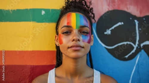 A Woman With Face Painted With Rainbow Colors Standing in Front of a Wall - Generative AI