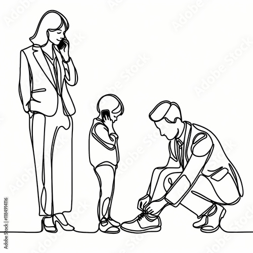 Parents in black suits talk on mobile phones while getting ready for work, tying their child's shoelaces in a minimalistic one-line art style photo