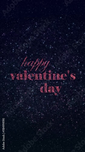 Vertical animation banner of the flickering inscription Happy Valentine's Day on a background of fireworks.