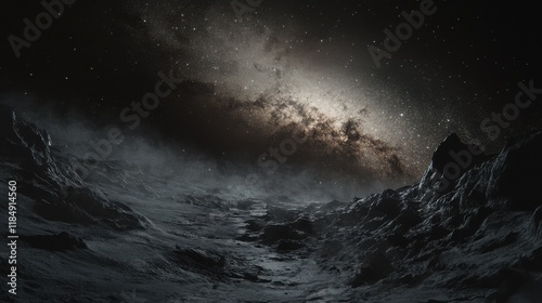 An awe-inspiring cosmic landscape showcasing a rocky terrain under a starry sky.