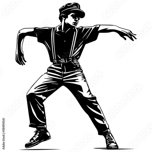 Silhouette of a young boy breakdancing, wearing casual slacks, suspenders, and a flat cap, full-body view, solid black silhouette on a pure white background