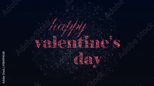 Animation of the flickering inscription Happy Valentine's Day on a background of fireworks