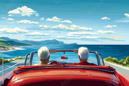 Red convertible, ocean view, two seniors driving.