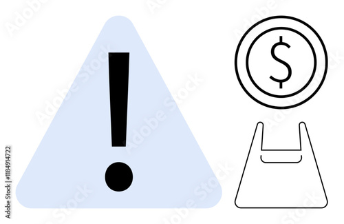 Exclamation mark inside triangle, dollar sign within circle, and shopping bag outline. Ideal for finance, caution, spending, savings, retail budgeting commerce. Simple abstract line flat metaphor