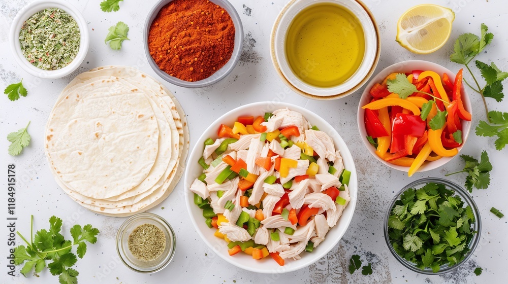 Assorted ingredients for chicken fajitas on a white background, tortillas, vegetables, spices, lime, and cilantro, flat lay composition, Mexican food preparation concept
Assorted ingredients for chicken fajitas on a white background, tortillas, vegetables, spices, lime, and cilantro, flat lay composition, Mexican food preparation concept