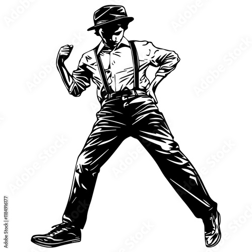 Silhouette of a young boy breakdancing, wearing casual slacks, suspenders, and a flat cap, full-body view, solid black silhouette on a pure white background
