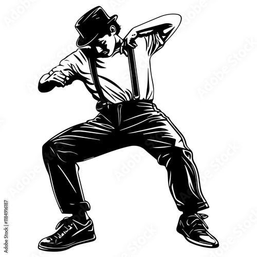 Silhouette of a young boy breakdancing, wearing casual slacks, suspenders, and a flat cap, full-body view, solid black silhouette on a pure white background