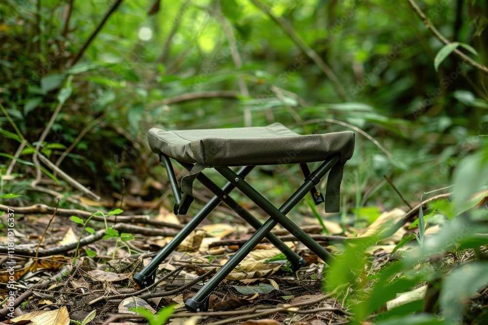 Portable folding stool placed amidst lush foliage, ideal for camping or enjoying nature Portable folding stool placed amidst lush foliage, ideal for camping or enjoying nature