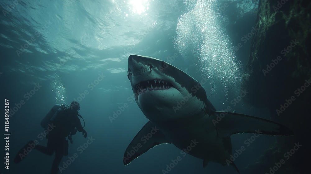 Fototapeta premium Great White Shark Underwater Encounter: A Diver's Thrilling Close Call