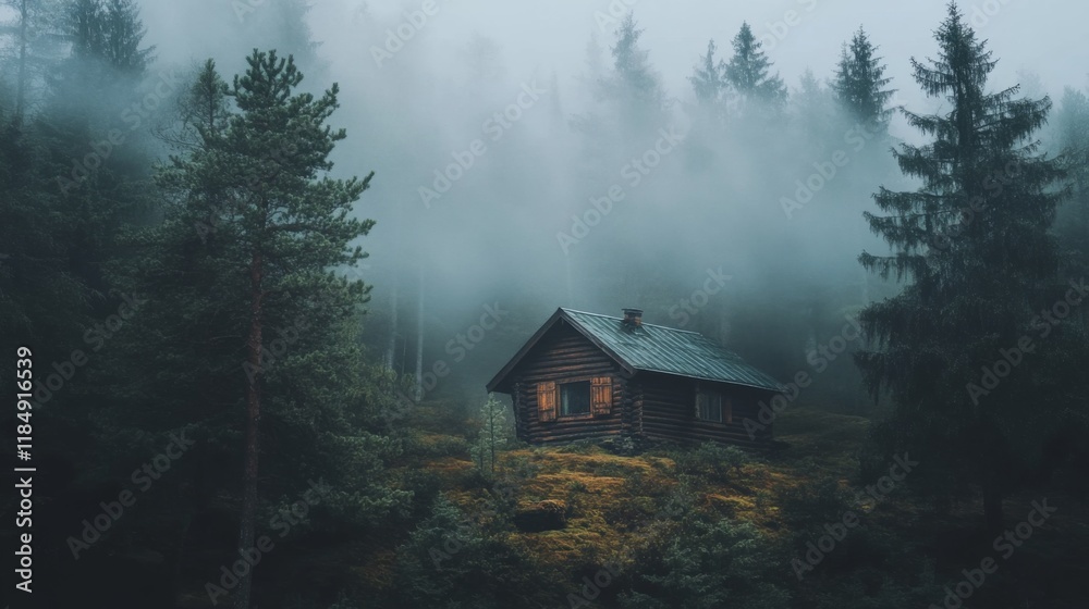 Misty Forest Landscape: Secluded Wooden Cabin in Foggy Woods
