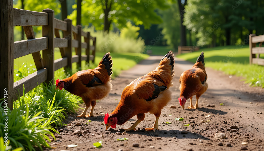 Fototapeta premium Chickens foraging on a dirt path in a sunny park