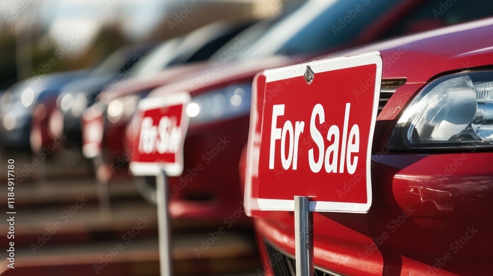 Obraz premium Row of red cars for sale at dealership.